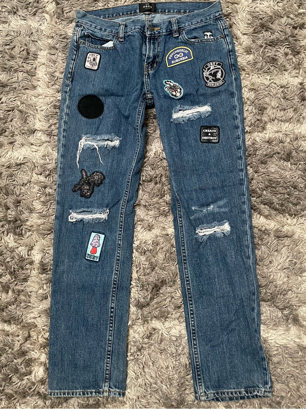 Obey No.89 The Nemesis Low Rise Relaxed Fit Tapered Leg Patched Distressed Jea